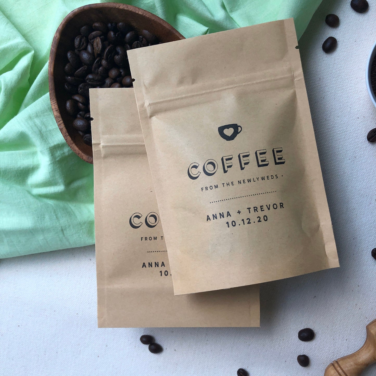 Coffee Favors for Coffee theme wedding or Bridal Shower, Personalized, Hand Stamped