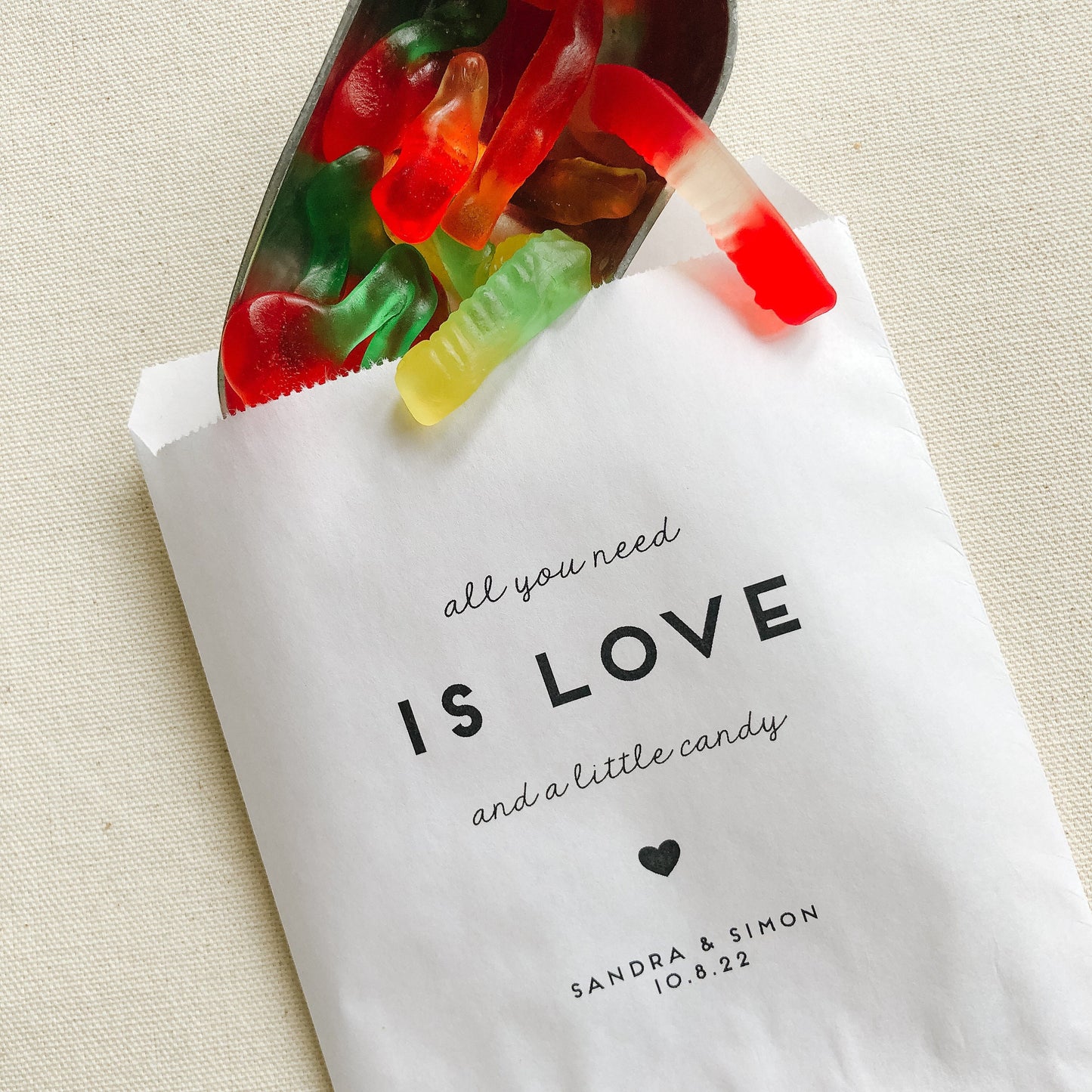 25 Pack, Candy Bags for Wedding Sweets Buffet, All you need is love, Candy table Bags, Personalized treat bags, 25 Pack,