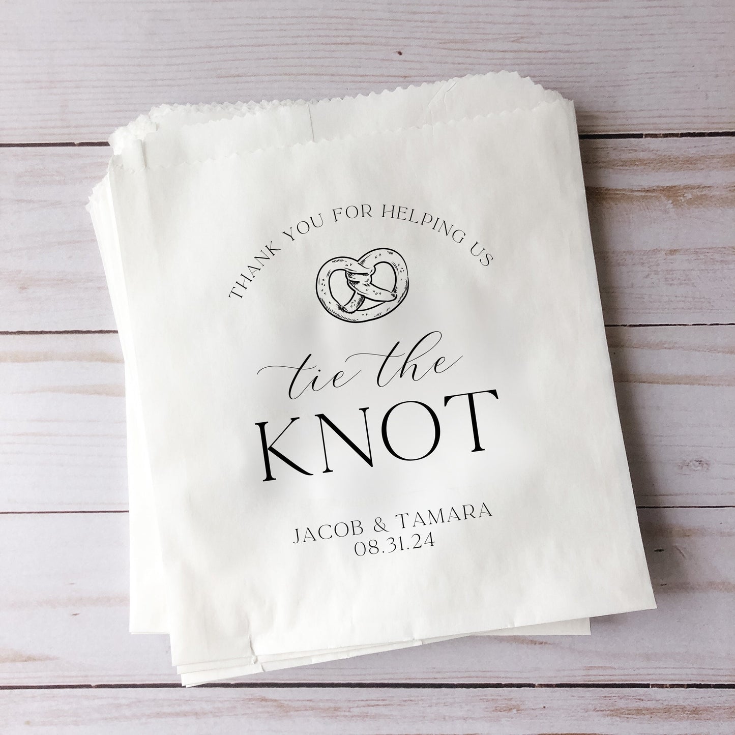 25 Pack, Tie the Knot Personalized Pretzel Bags, Pretzel Wall, Pretzel Wedding Favors,