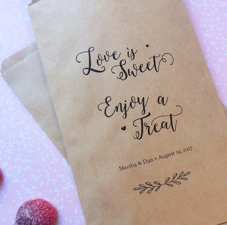 Love is Sweet, enjoy a treat - Kraft Wedding Favour Paper Bags, Wedding Candy Bags - BAGS ONLY