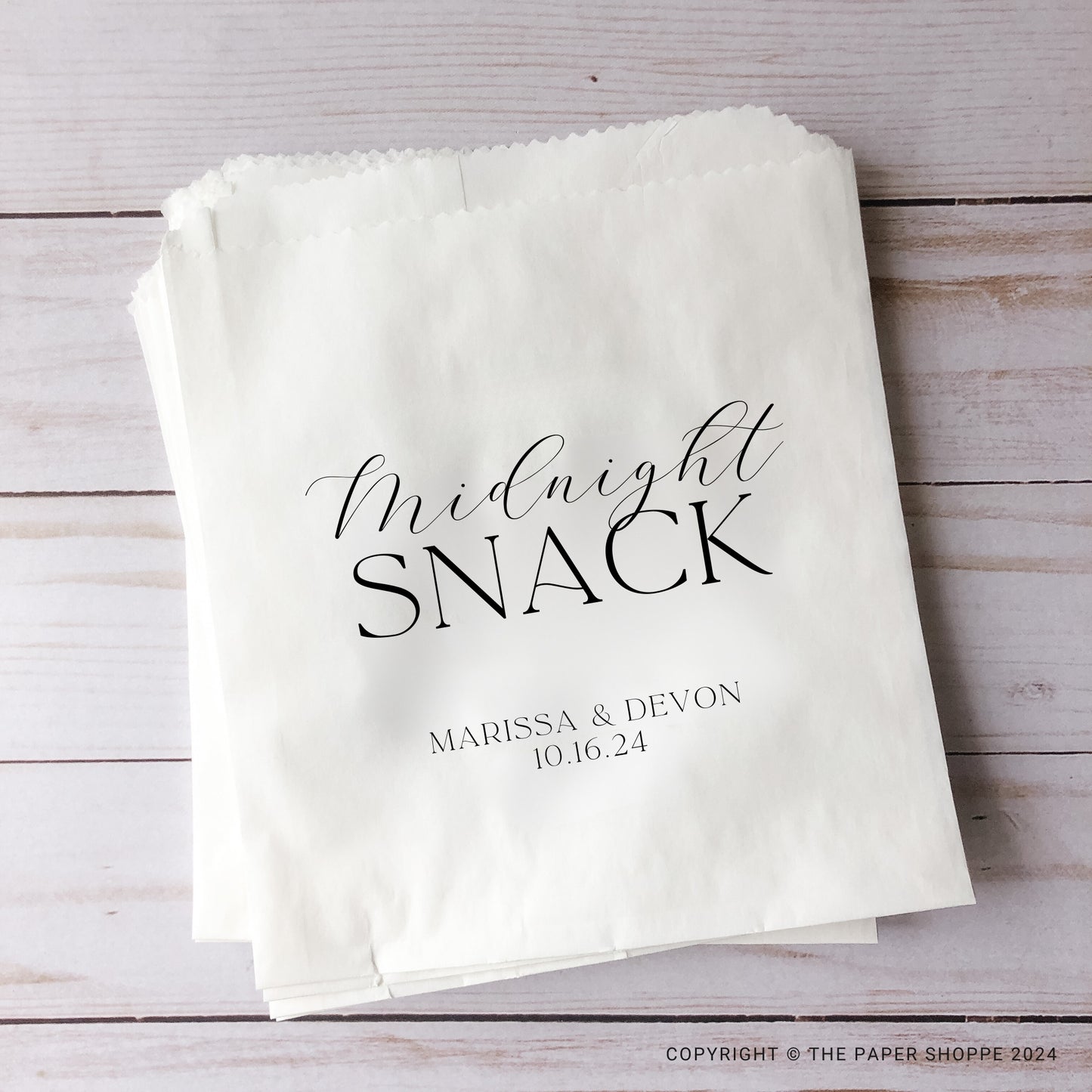 Midnight Snack, Custom White Paper Bags, Set of 25