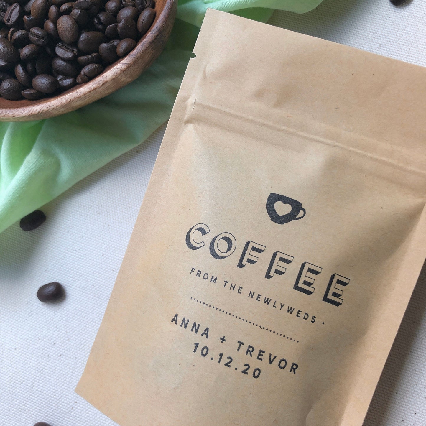Coffee Favors for Coffee theme wedding or Bridal Shower, Personalized, Hand Stamped