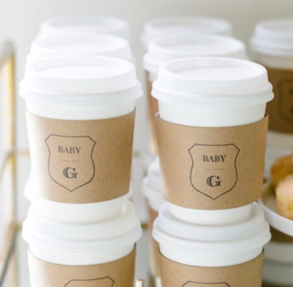 Monogram Baby Shower Coffee Cup Sleeve, Coffee theme shower, Personalized Kraft Sleeves, Spring Coffee Baby Shower, Custom Party Cup Sleeves