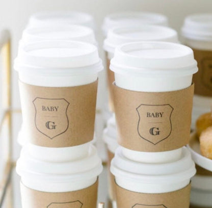 Monogram Baby Shower Coffee Cup Sleeve, Coffee theme shower, Personalized Kraft Sleeves, Spring Coffee Baby Shower, Custom Party Cup Sleeves