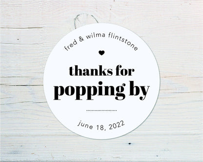 Thanks for popping by, Personalized Popcorn Favor Stickers, Round Favor Labels
