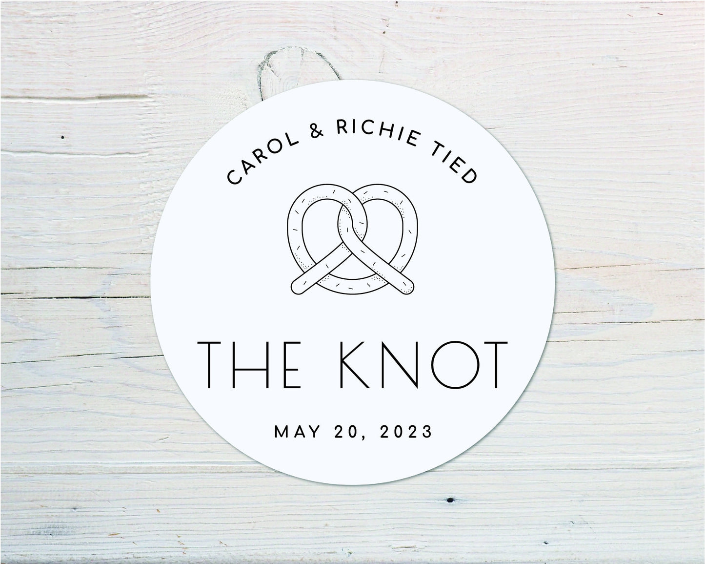 Tied the Knot, Personalized Pretzel Wedding Favor stickers, Round Favour Labels, STICKERS ONLY