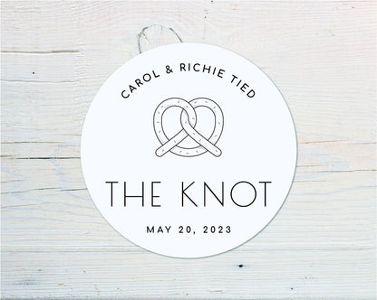 Tied the Knot, Personalized Pretzel Wedding Favor stickers, Round Favour Labels, STICKERS ONLY
