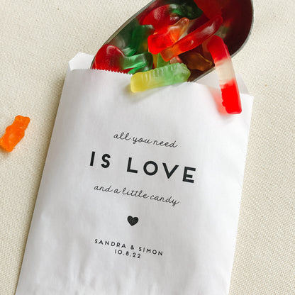 25 Pack, Candy Bags for Wedding Sweets Buffet, All you need is love, Candy table Bags, Personalized treat bags, 25 Pack,