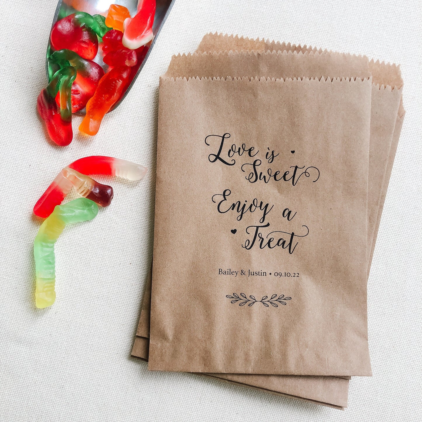 25 pack, Personalized Kraft Wedding Favor Bags: Love is Sweet Treat Bags