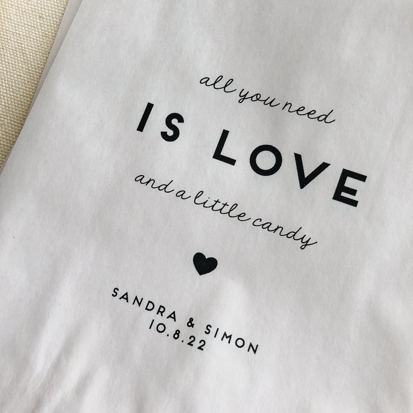 25 Pack, Candy Bags for Wedding Sweets Buffet, All you need is love, Candy table Bags, Personalized treat bags, 25 Pack,