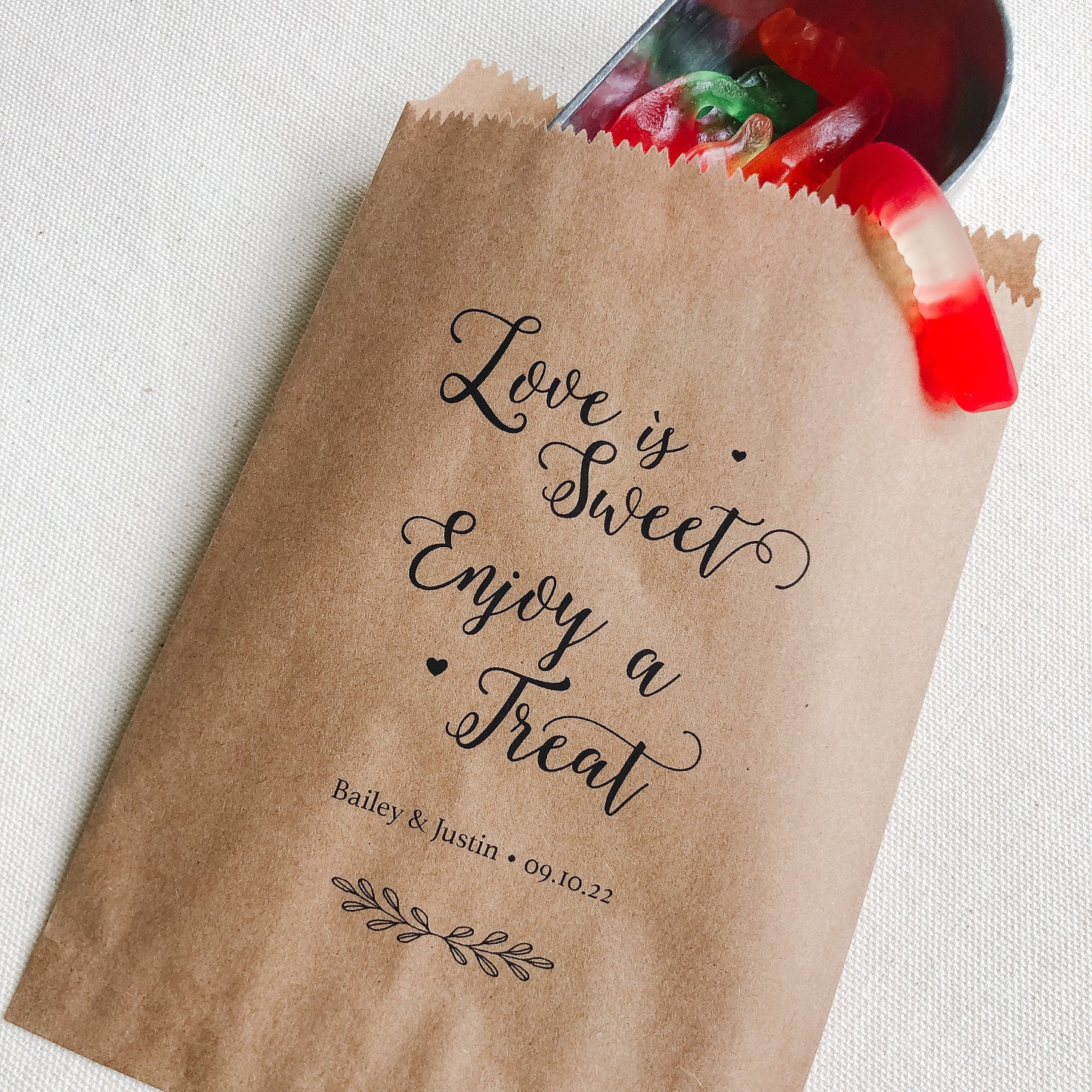 25 pack, Personalized Kraft Wedding Favor Bags: Love is Sweet Treat Bags