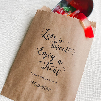 25 pack, Personalized Kraft Wedding Favor Bags: Love is Sweet Treat Bags