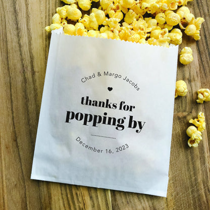 25 Pack, Personalized Wedding Popcorn Favor Bags: "Thanks for Popping By" - Pack of 25