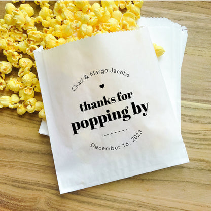 25 Pack, Personalized Wedding Popcorn Favor Bags: "Thanks for Popping By" - Pack of 25