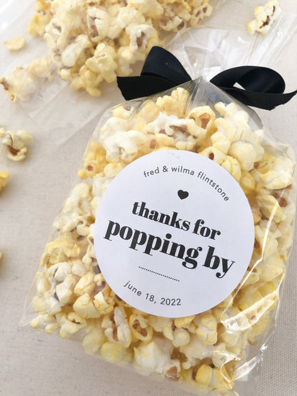 Thanks for popping by, Personalized Popcorn Favor Stickers, Round Favor Labels