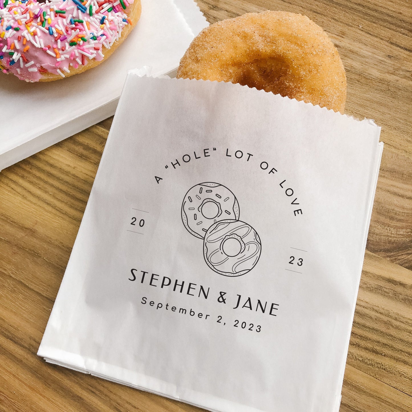 25 pack, Personalized Wedding Donut Bags: Grease Resistant Treat Bags, Set of 25