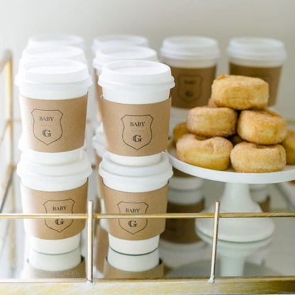 Monogram Baby Shower Coffee Cup Sleeve, Coffee theme shower, Personalized Kraft Sleeves, Spring Coffee Baby Shower, Custom Party Cup Sleeves