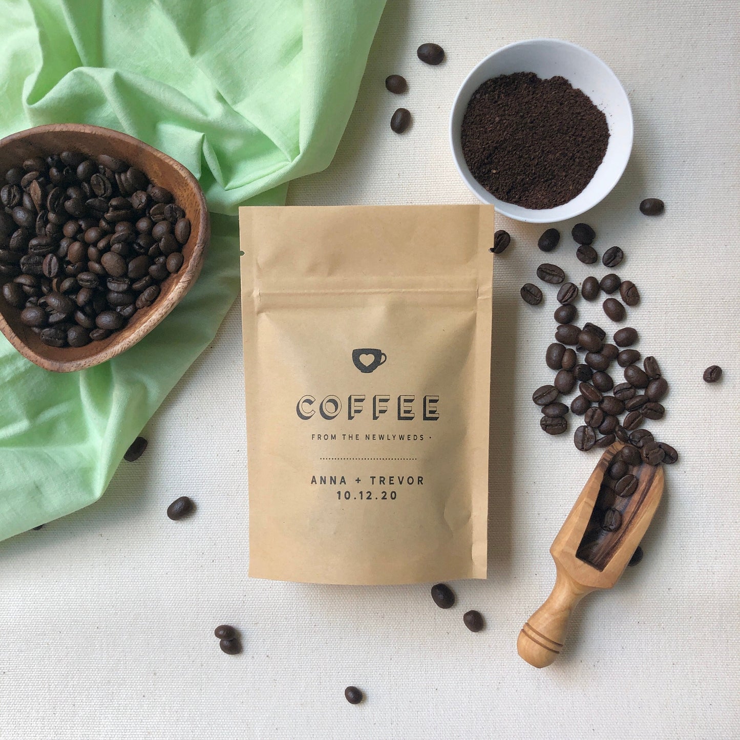Coffee Favors for Coffee theme wedding or Bridal Shower, Personalized, Hand Stamped