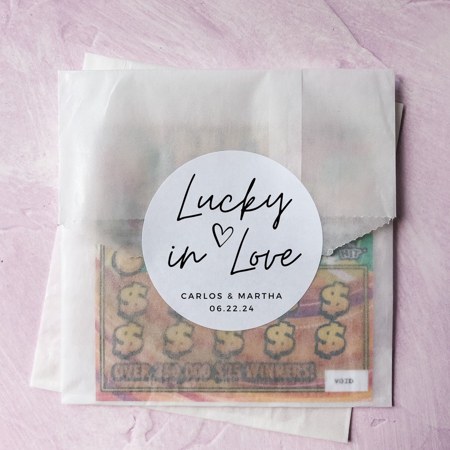 Lucky in Love Wedding Favor Stickers: Personalized Lotto Ticket Labels