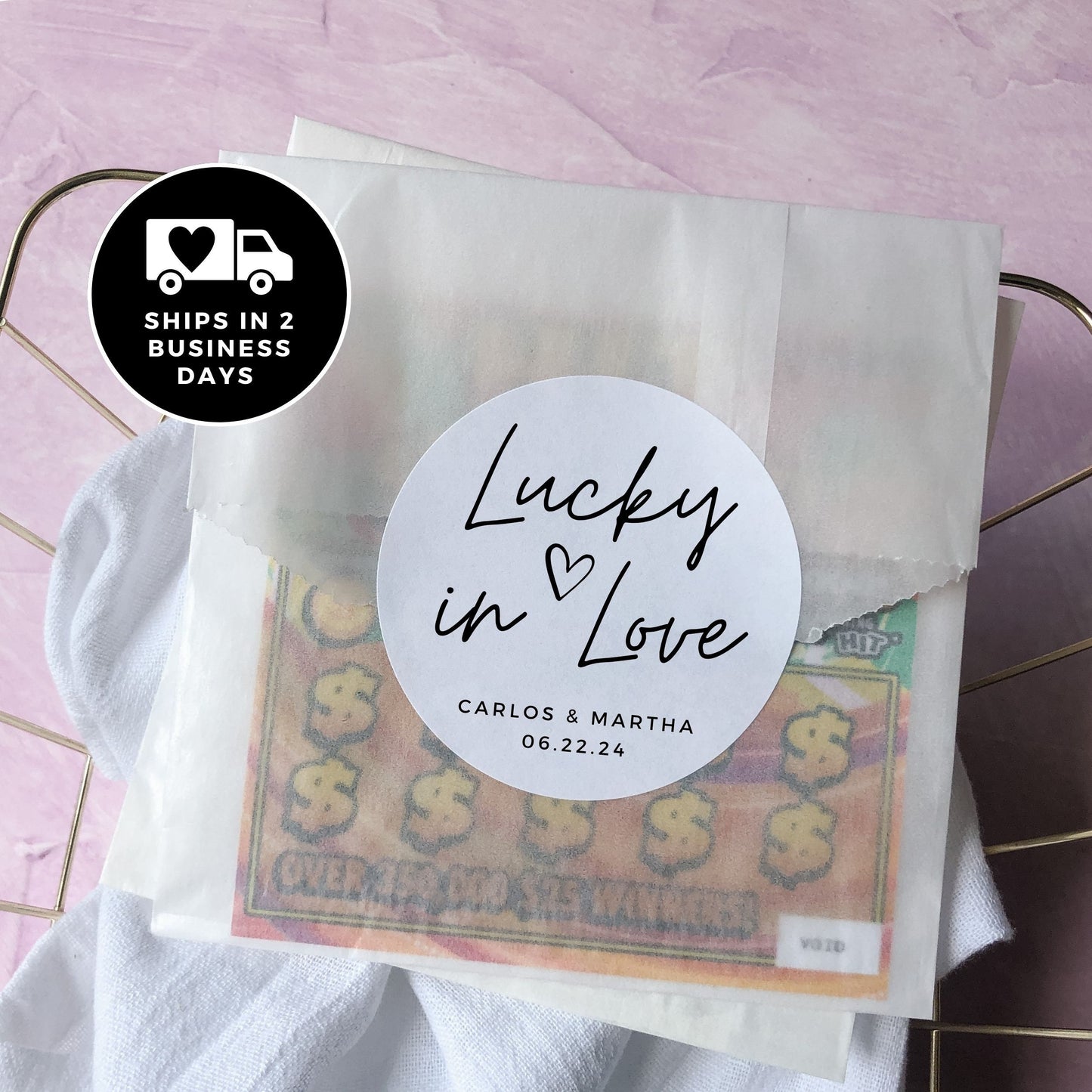 Wedding Favor Bags: Lucky In Love Lottery Ticket Stickers