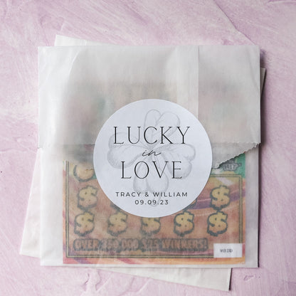 Lucky in Love Wedding Favor Stickers & Bags: Personalized Lotto Ticket Favors