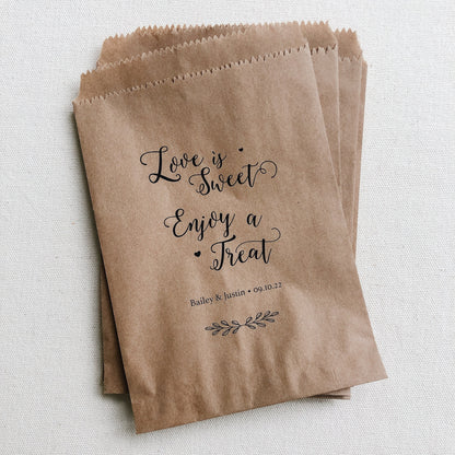 25 pack, Personalized Kraft Wedding Favor Bags: Love is Sweet Treat Bags