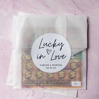 Wedding Favor Bags: Lucky In Love Lottery Ticket Stickers