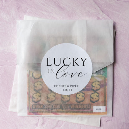Lucky in Love Wedding Favor Stickers: Personalized Lottery Ticket Labels