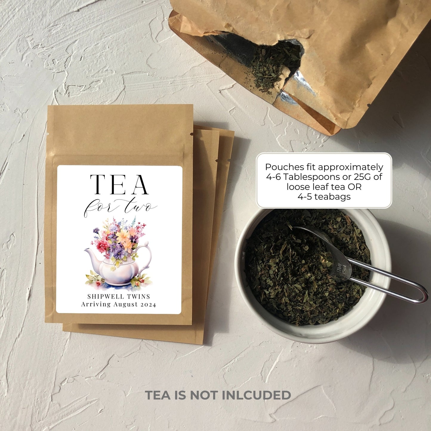 Personalized Tea Favor Bags: Floral Tea Party, Twins Baby Shower (POUCH ONLY)