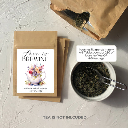 Personalized 'Love is Brewing' Tea Favor Bags, Bridal Shower favors, Tea Party Theme