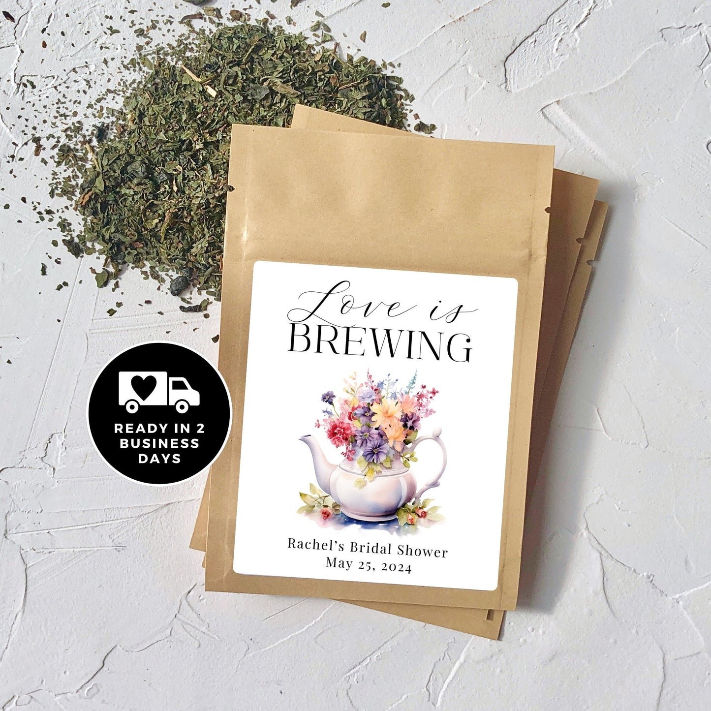 Personalized 'Love is Brewing' Tea Favor Bags, Bridal Shower favors, Tea Party Theme