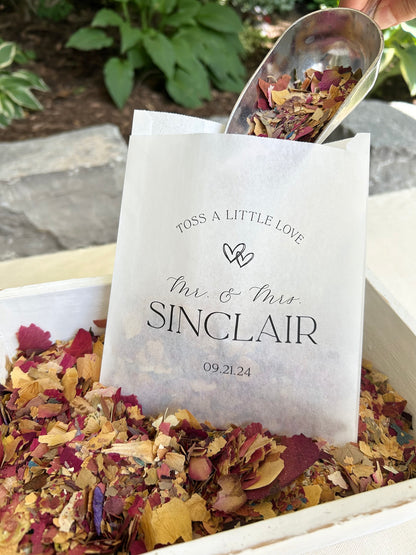 25 Pack, Personalized Paper Confetti Bags for Weddings, Petal Toss Send Off