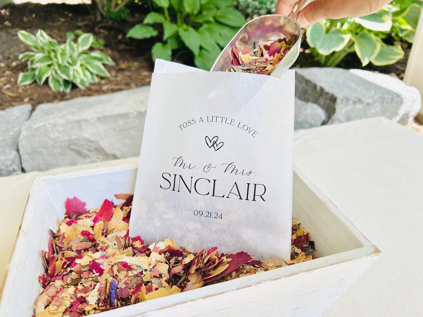 25 Pack, Personalized Paper Confetti Bags for Weddings, Petal Toss Send Off