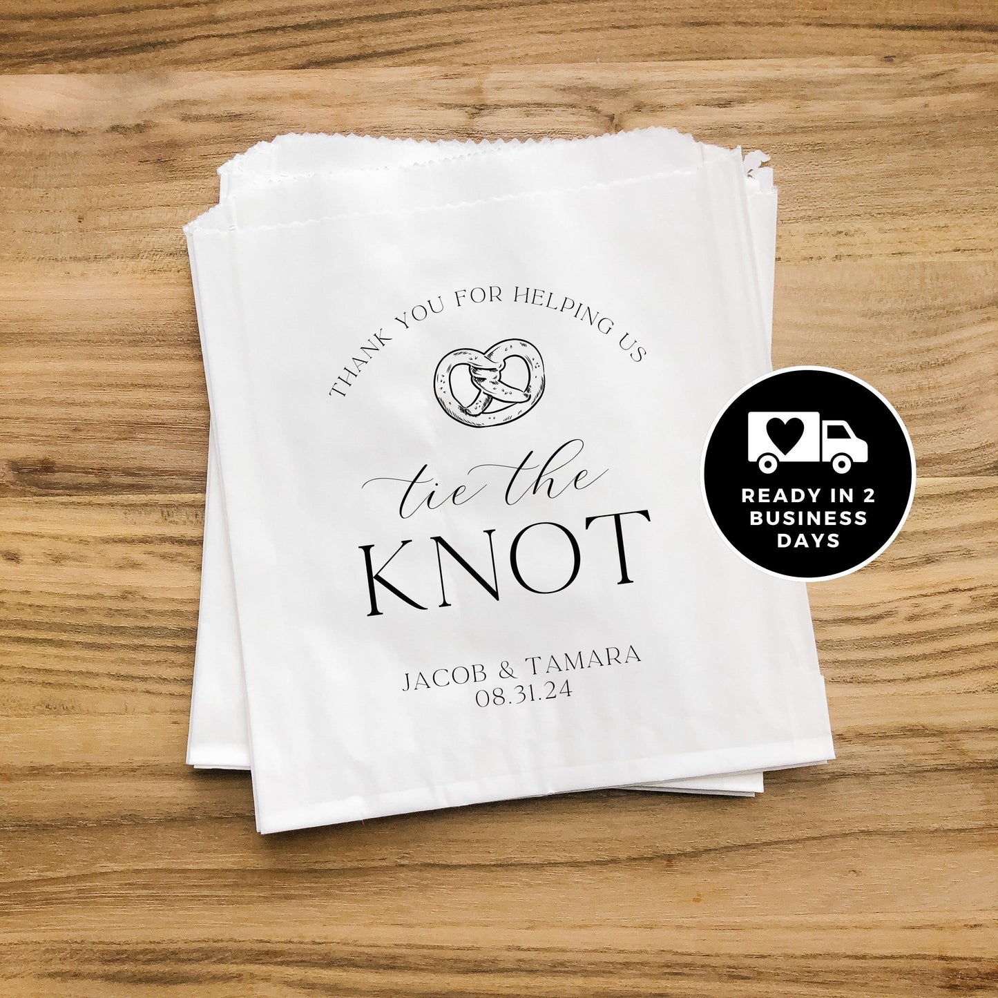 25 Pack, Tie the Knot Personalized Pretzel Bags, Pretzel Wall, Pretzel Wedding Favors,