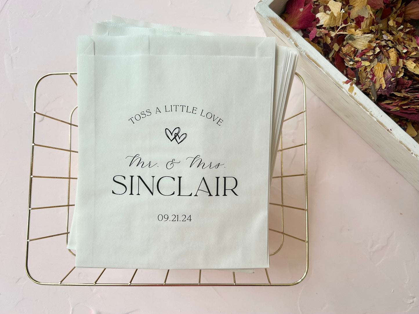 25 Pack, Personalized Paper Confetti Bags for Weddings, Petal Toss Send Off