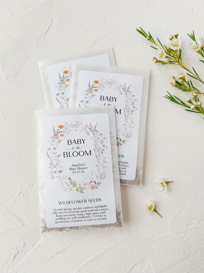 12 pack, Personalized Baby Shower Wildflower Seed Packet Favors - 'Baby in Bloom' SEEDS INCLUDED