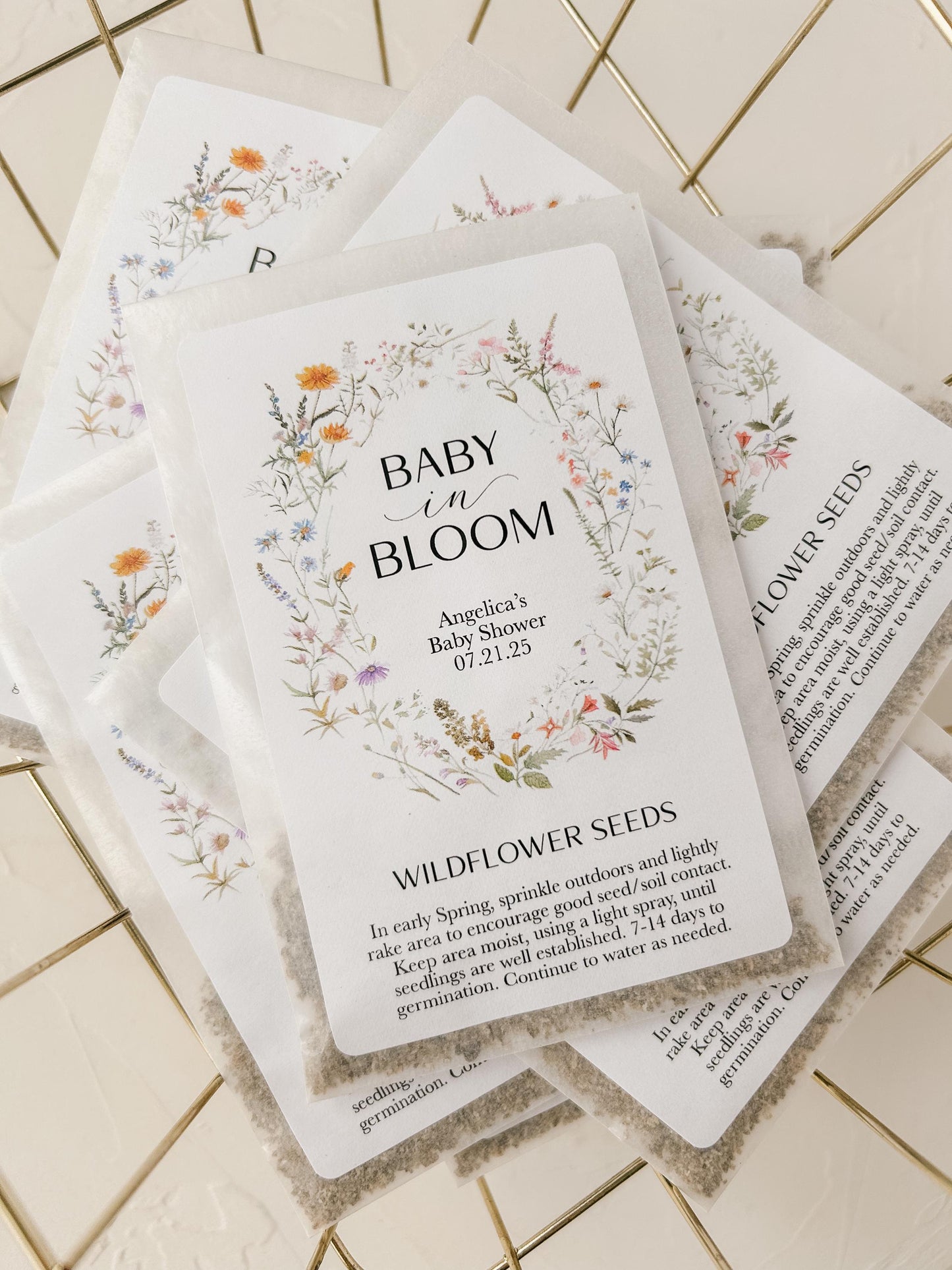 12 pack, Personalized Baby Shower Wildflower Seed Packet Favors - 'Baby in Bloom' SEEDS INCLUDED