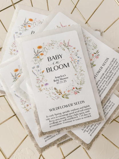 12 pack, Personalized Baby Shower Wildflower Seed Packet Favors - 'Baby in Bloom' SEEDS INCLUDED