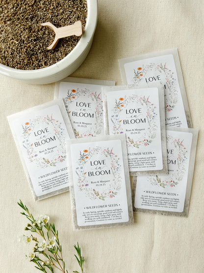 Set of 12, Personalized Wildflower Seed Packets for Wedding Favors, Love in Bloom, SEEDS INCLUDED