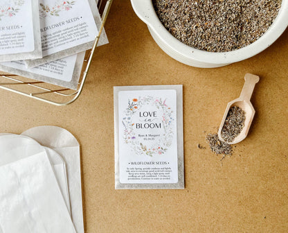 Set of 12, Personalized Wildflower Seed Packets for Wedding Favors, Love in Bloom, SEEDS INCLUDED