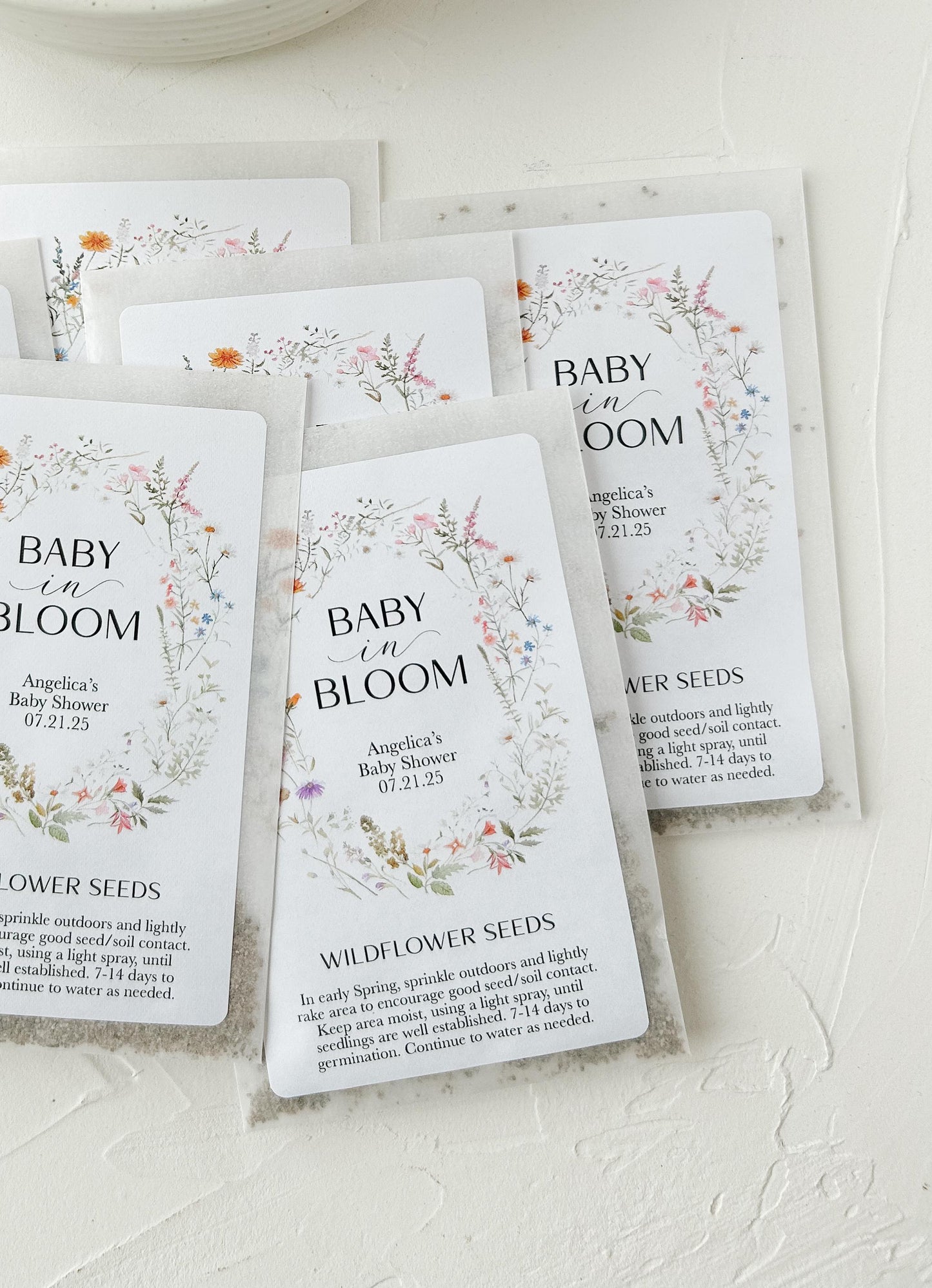 12 pack, Personalized Baby Shower Wildflower Seed Packet Favors - 'Baby in Bloom' SEEDS INCLUDED
