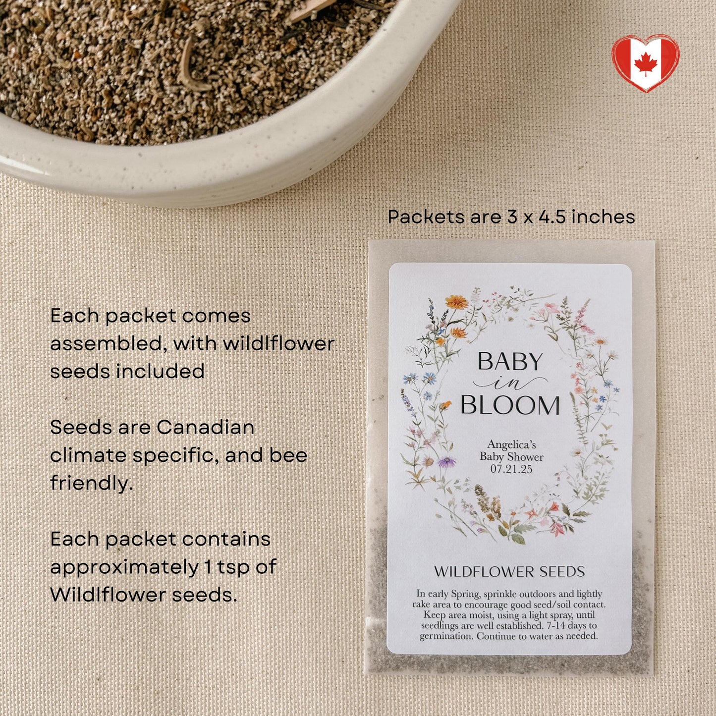 12 pack, Personalized Baby Shower Wildflower Seed Packet Favors - 'Baby in Bloom' SEEDS INCLUDED