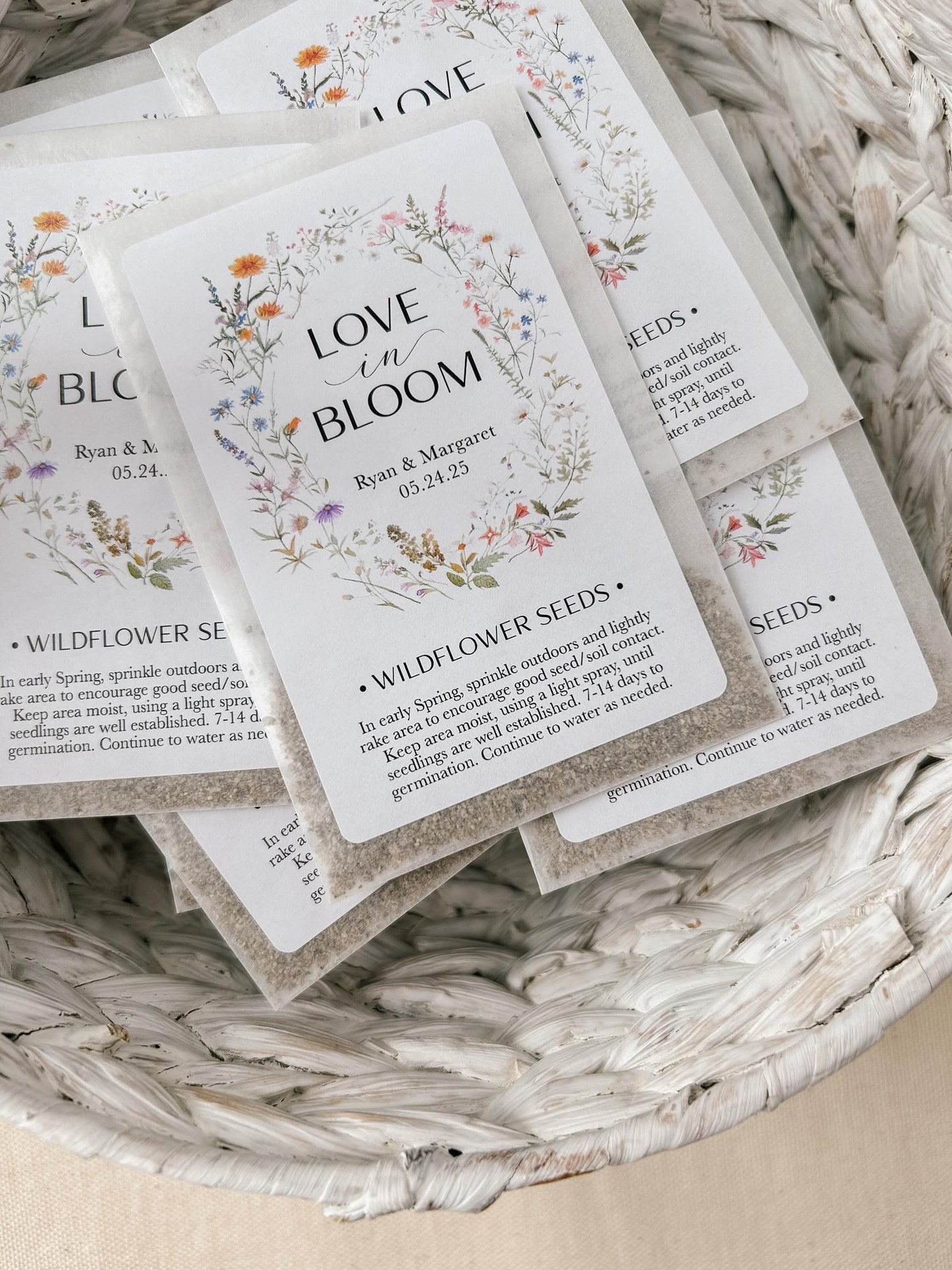 Set of 12, Personalized Wildflower Seed Packets for Wedding Favors, Love in Bloom, SEEDS INCLUDED