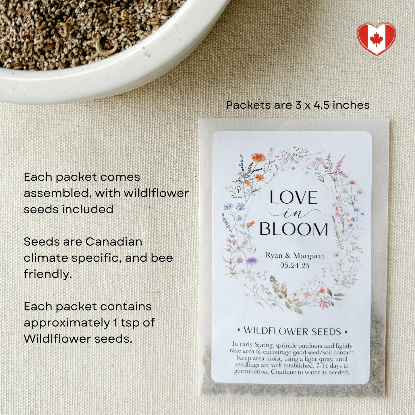 Set of 12, Personalized Wildflower Seed Packets for Wedding Favors, Love in Bloom, SEEDS INCLUDED
