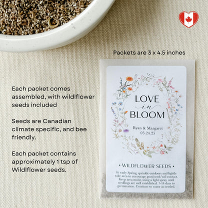 Set of 12, Personalized Wildflower Seed Packets for Wedding Favors, Love in Bloom, SEEDS INCLUDED