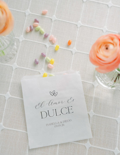 25 Pack, El Amor Es Dulce Treat Bag, Spanish Wedding Favor, Set of 25