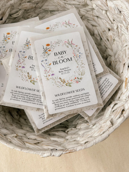 12 pack, Personalized Baby Shower Wildflower Seed Packet Favors - 'Baby in Bloom' SEEDS INCLUDED