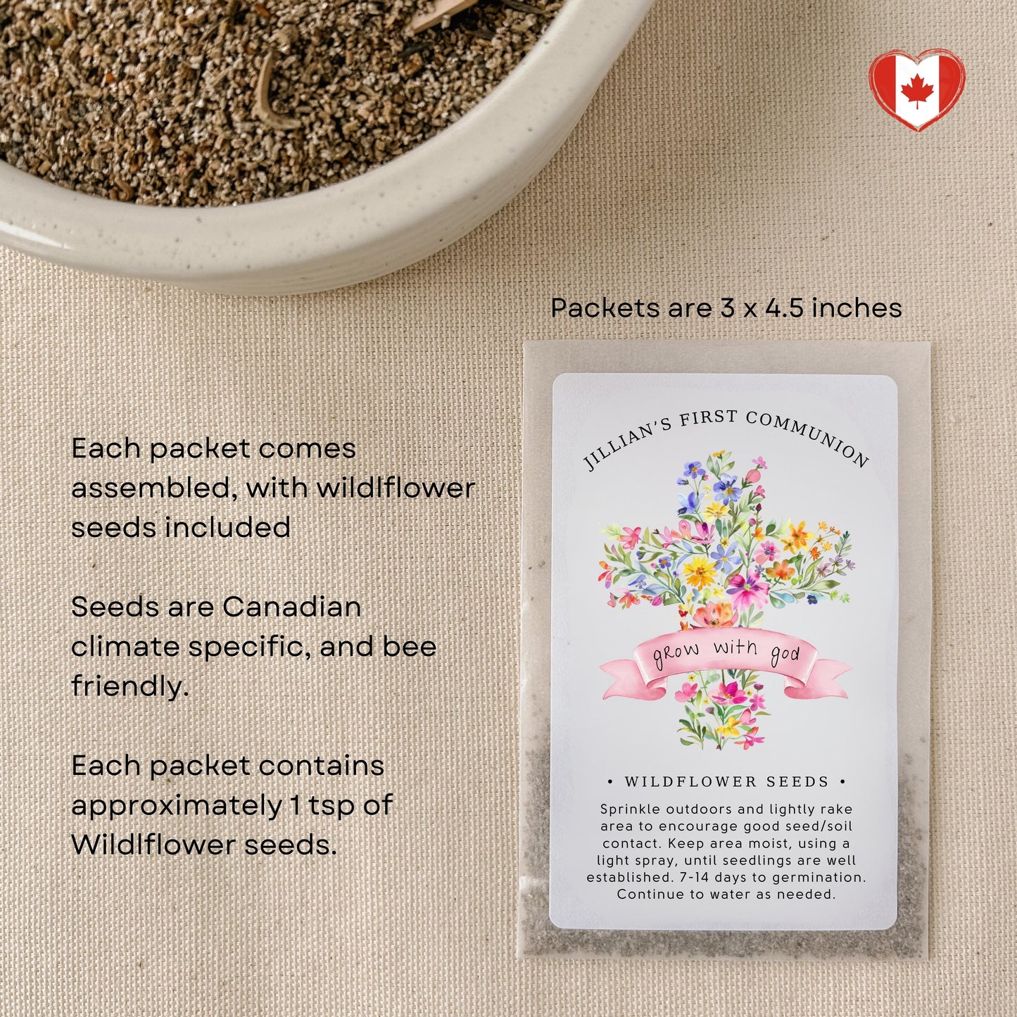 12 pack, Baptism Favors, Personalized Wildflower Seed Packet Favours, First Communion