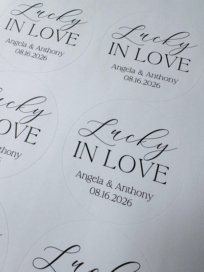 Lucky in Love Stickers for Lottery ticket Wedding Favors. Personalized Labels