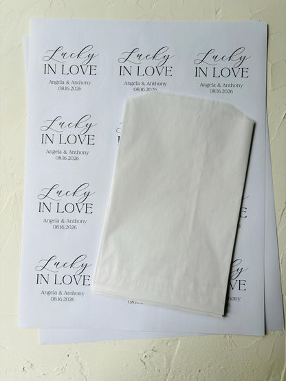 Lucky in Love Stickers for Lottery ticket Wedding Favors. Personalized Labels